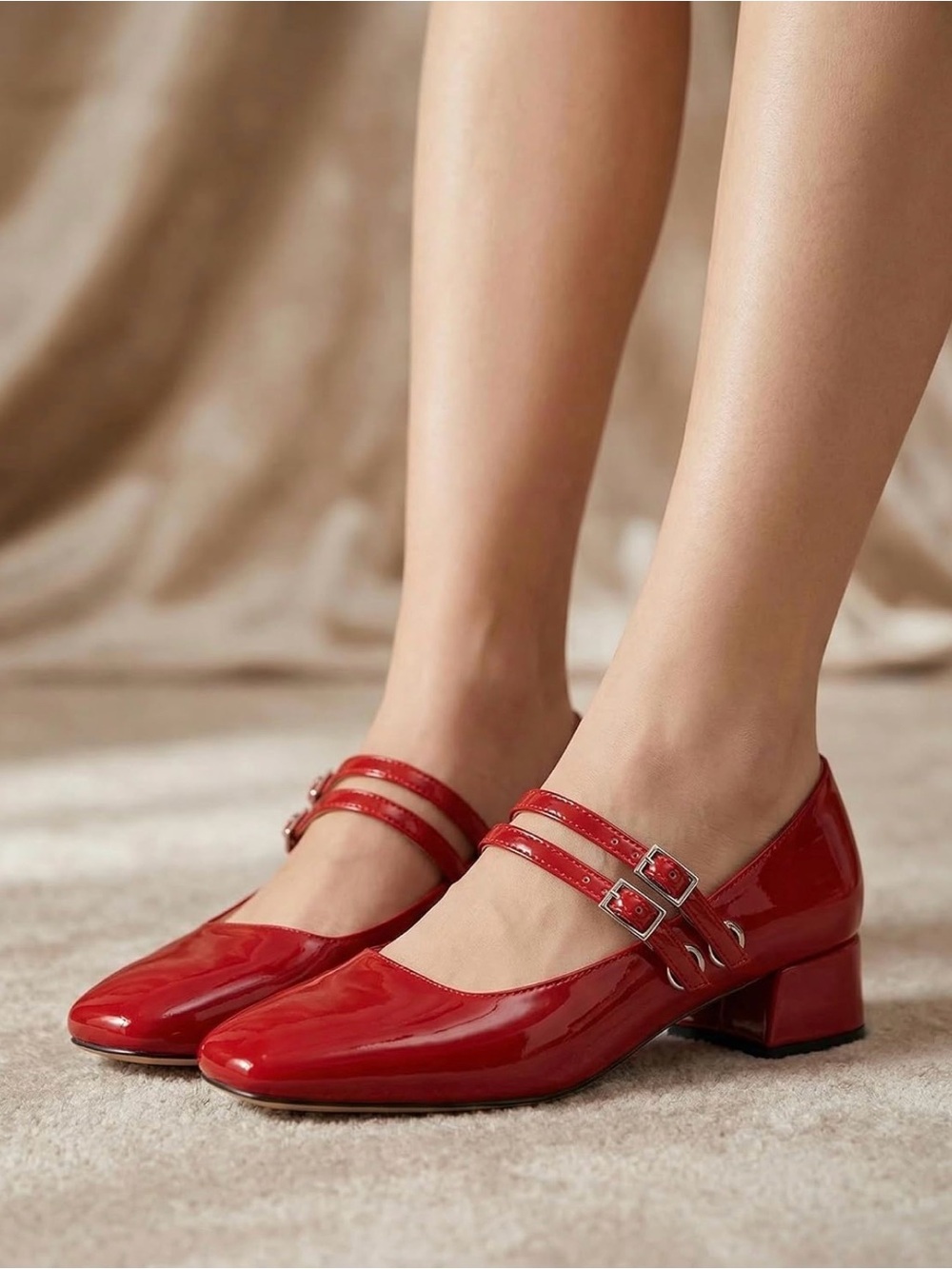 Red Patent Double-Strap Mary Jane Heels - Women